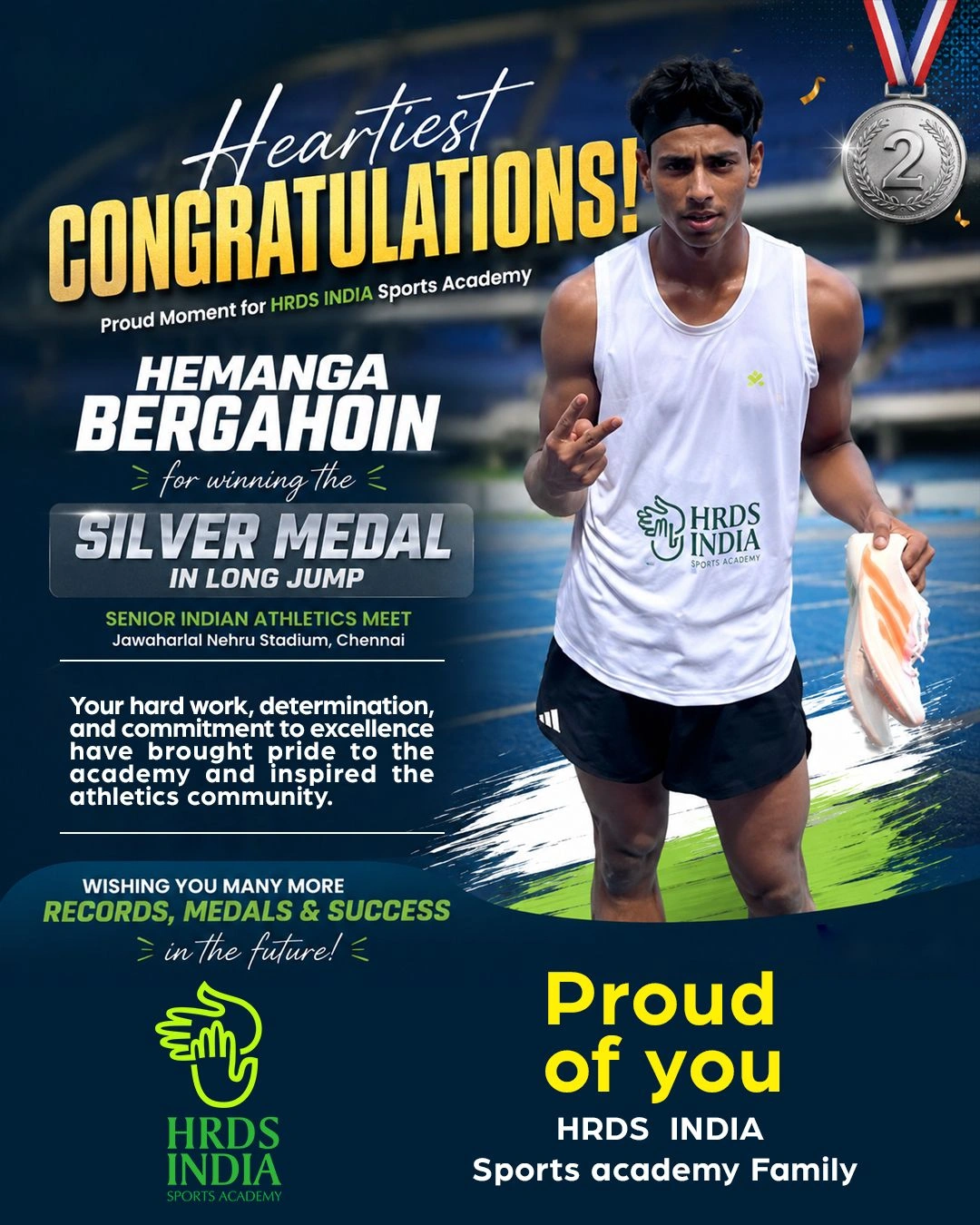 HRDS INDIA Sports Academy Athlete Hemanga Borgohain Wins Silver at Senior Indian Athletics Meet in Chennai